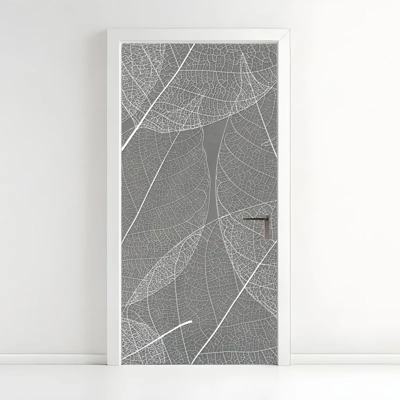 Naklejka na drzwi delikatny wzór liści w odcieniach szarości