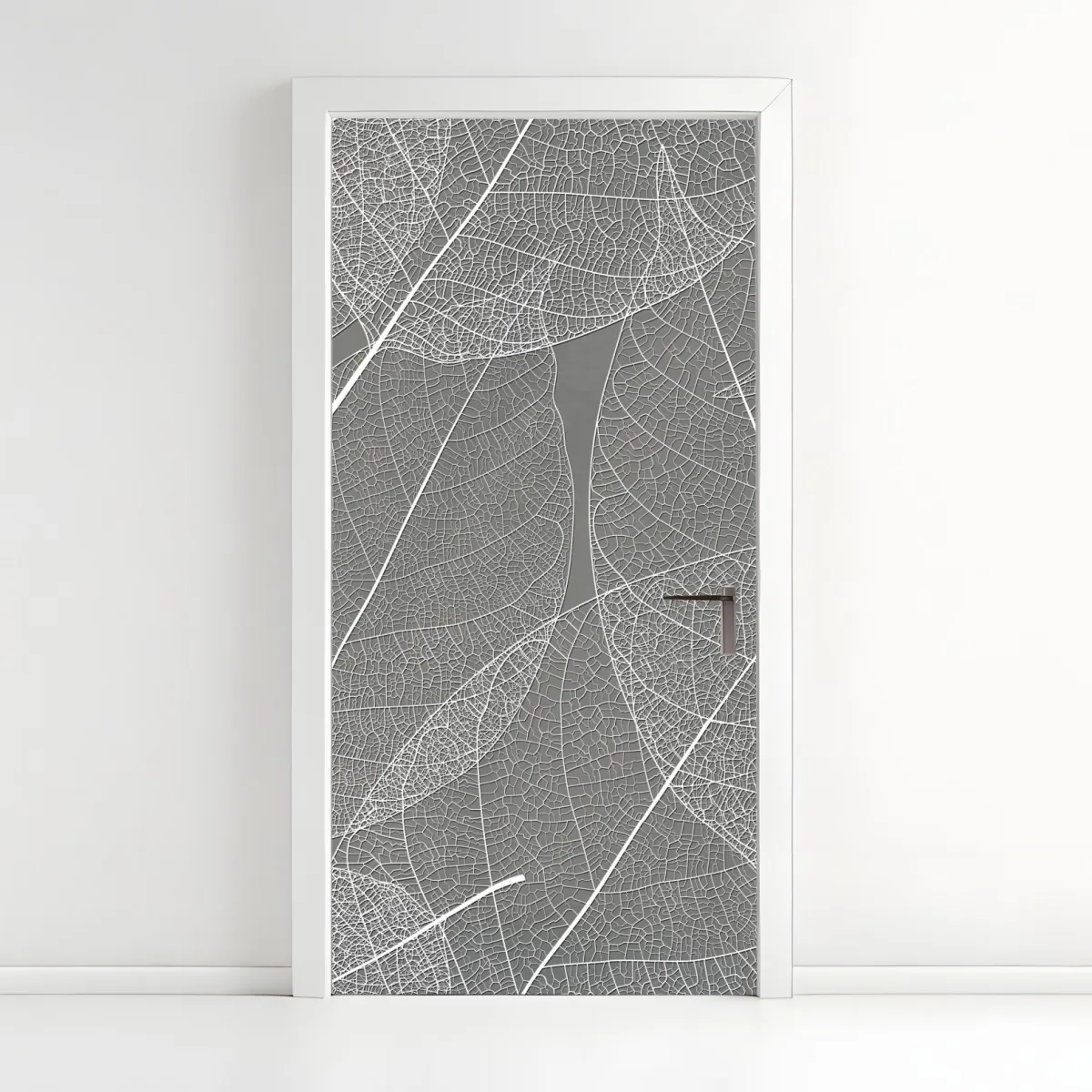 Naklejka na drzwi delikatny wzór liści w odcieniach szarości – Wallissimo® Naklejka na drzwi delikatny wzór liści w odcieniach szarości – Wallissimo®