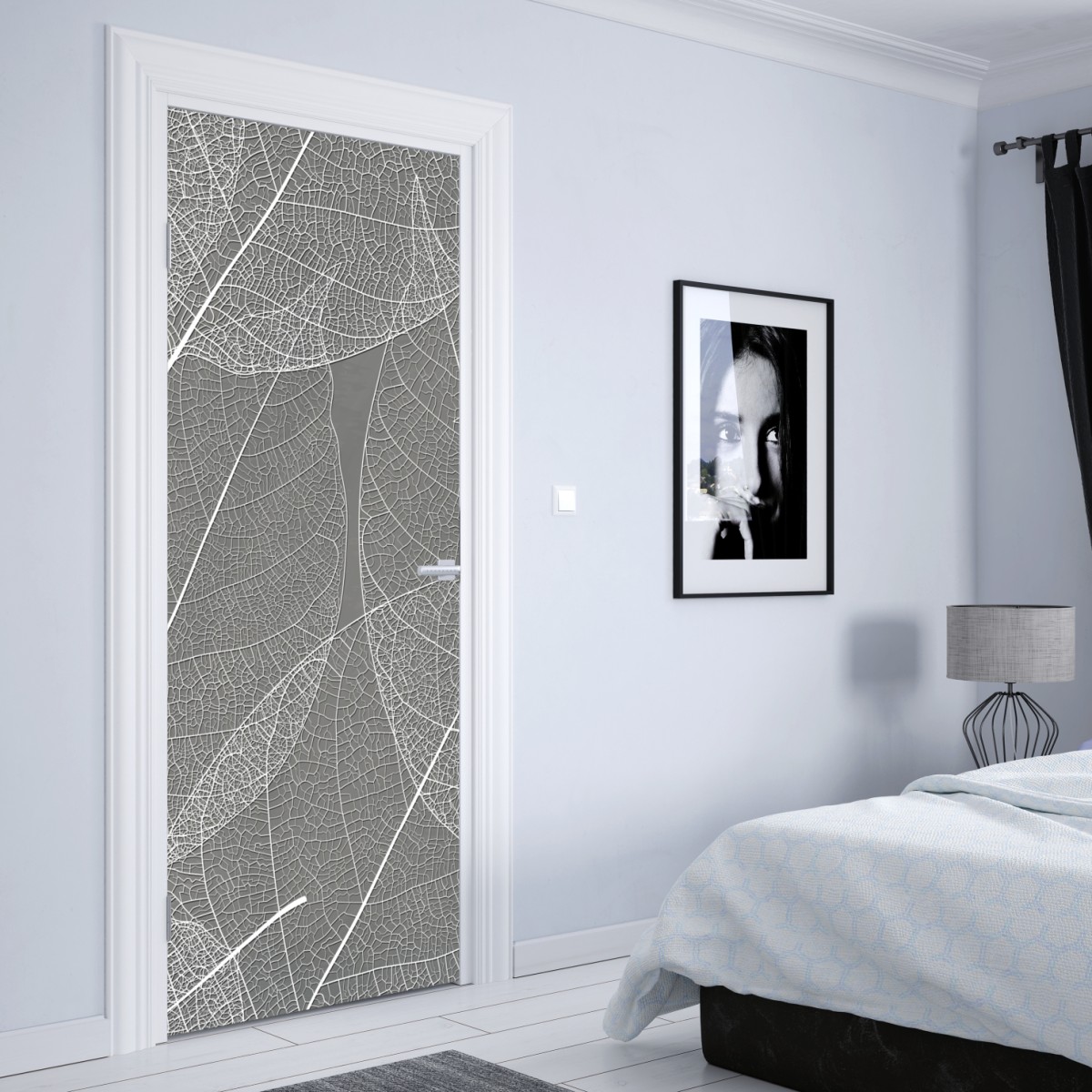 Naklejka na drzwi delikatny wzór liści w odcieniach szarości – Wallissimo® Naklejka na drzwi delikatny wzór liści w odcieniach szarości – Wallissimo®