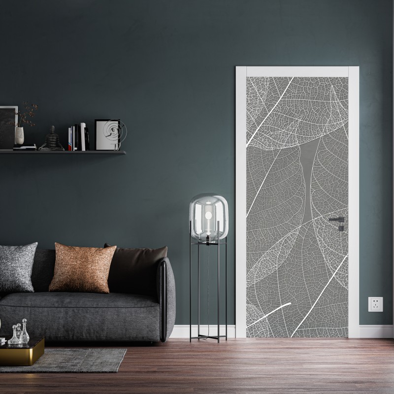 Naklejka na drzwi delikatny wzór liści w odcieniach szarości – Wallissimo® Naklejka na drzwi delikatny wzór liści w odcieniach szarości – Wallissimo®