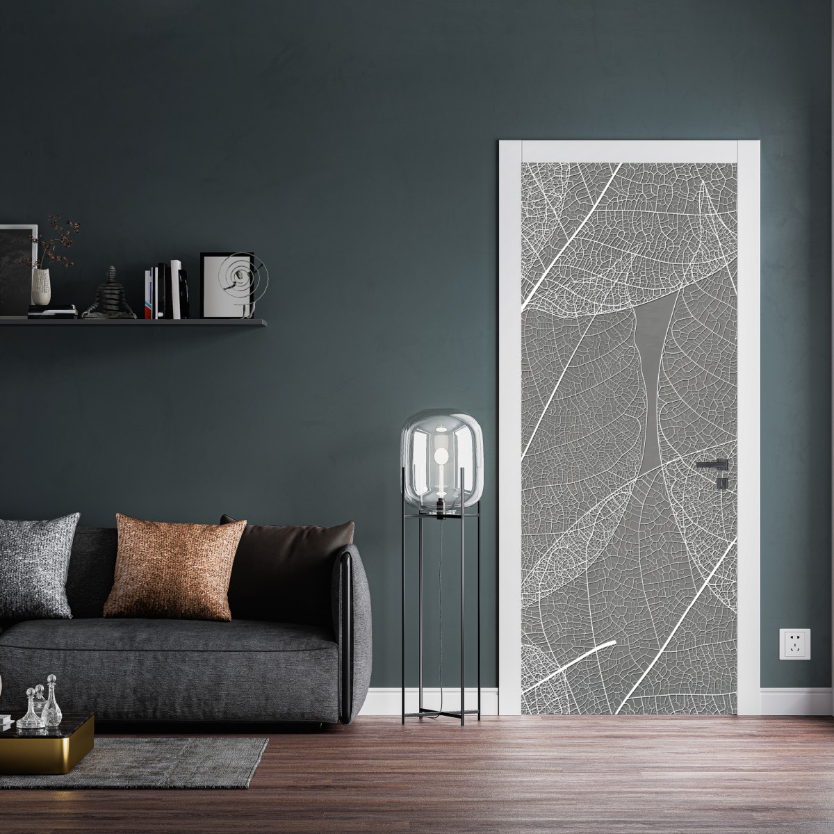 Naklejka na drzwi delikatny wzór liści w odcieniach szarości – Wallissimo® Naklejka na drzwi delikatny wzór liści w odcieniach szarości – Wallissimo®