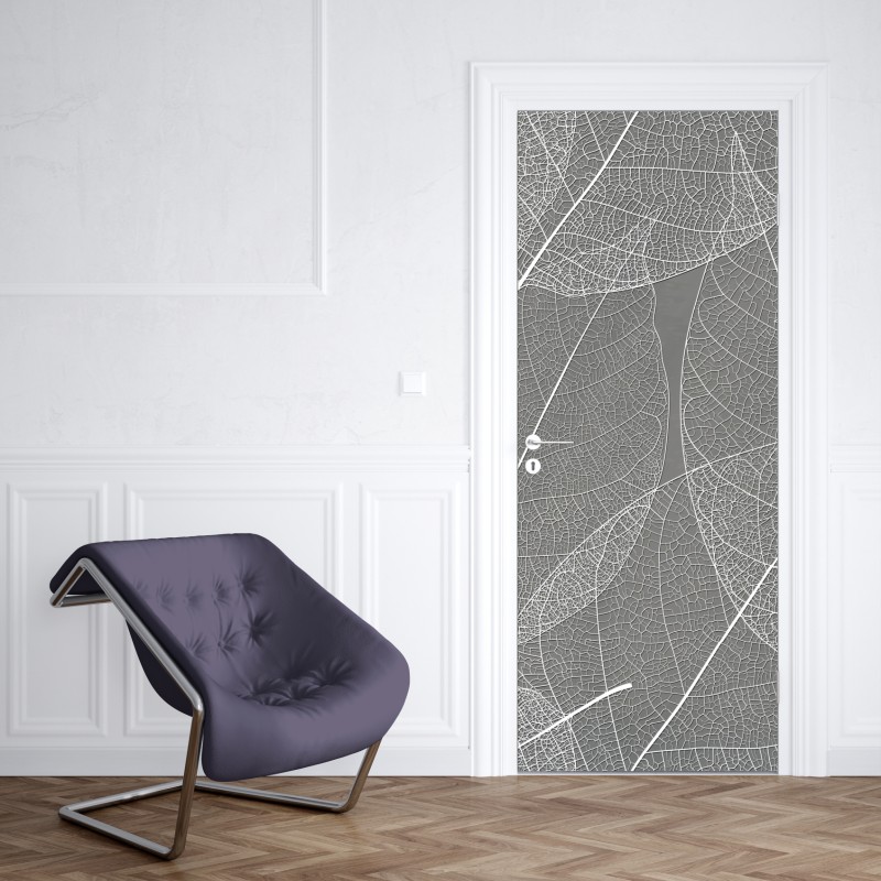 Naklejka na drzwi delikatny wzór liści w odcieniach szarości – Wallissimo® Naklejka na drzwi delikatny wzór liści w odcieniach szarości – Wallissimo®