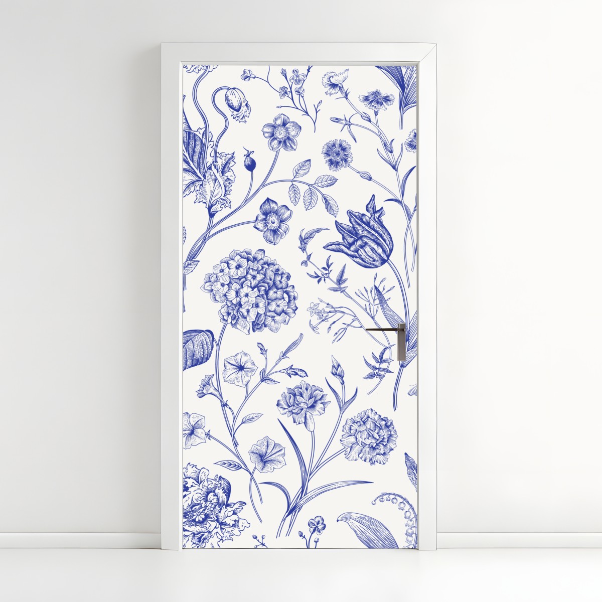 Door sticker classic blue toile floral pattern