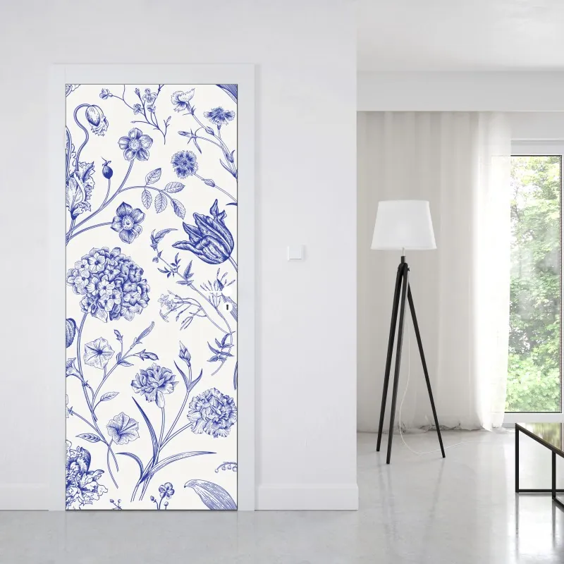 Naklejka na drzwi różowa papuga i chryzantema - botaniczny motyw – Wallissimo®