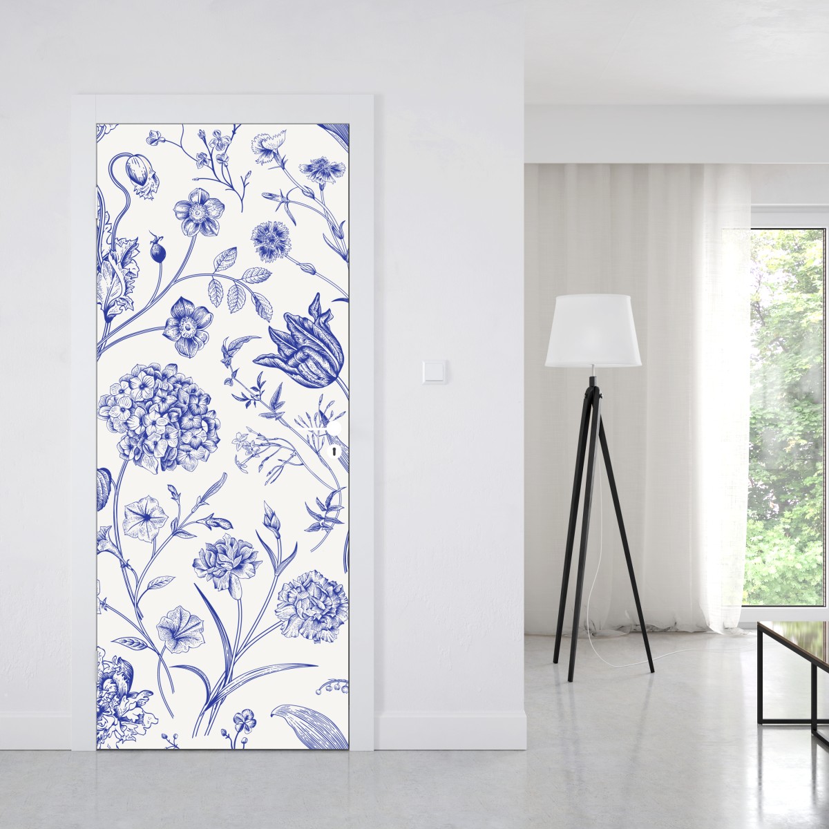 Naklejka na drzwi klasyczny niebieski wzór toile z motywem kwiatowym – Wallissimo® Naklejka na drzwi klasyczny niebieski wzór toile z motywem kwiatowym – Wallissimo®