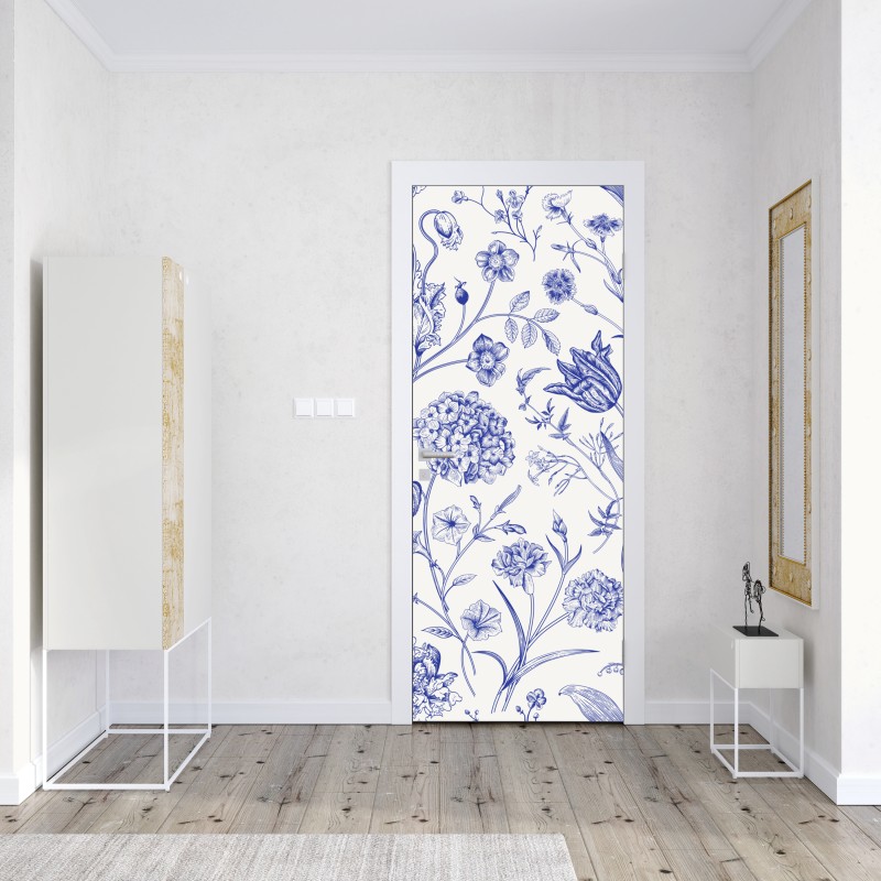 Naklejka na drzwi klasyczny niebieski wzór toile z motywem kwiatowym – Wallissimo® Naklejka na drzwi klasyczny niebieski wzór toile z motywem kwiatowym – Wallissimo®