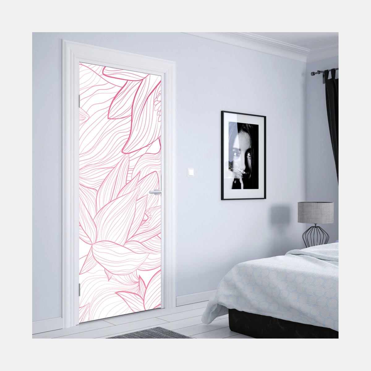 Naklejka na drzwi delikatny różowy wzór kwiatowy – Wallissimo® Naklejka na drzwi delikatny różowy wzór kwiatowy – Wallissimo®