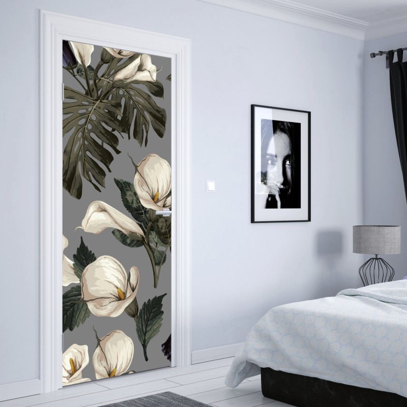 Naklejka na drzwi tropikalny wzór hibiskusa i plumerii – Wallissimo®