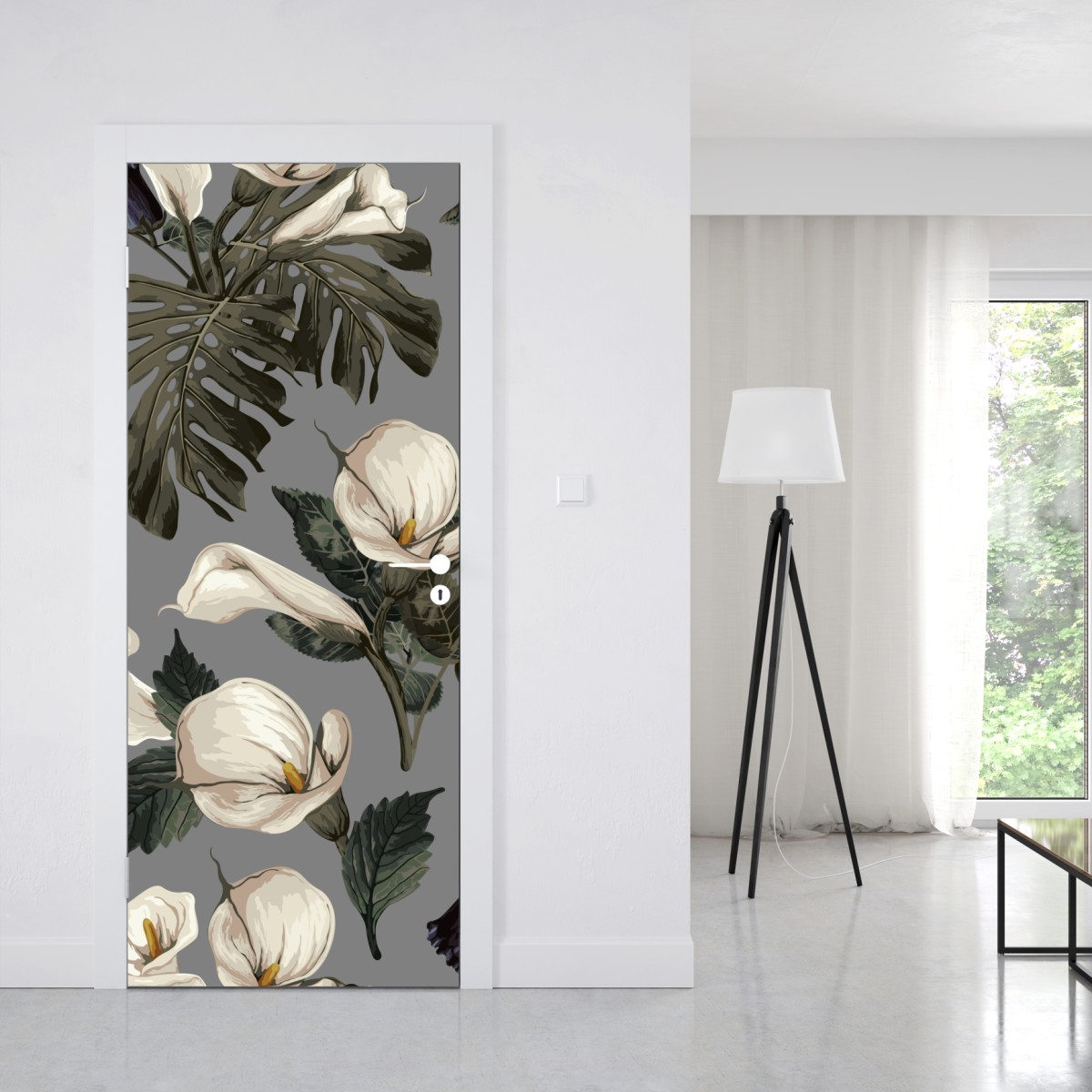 Naklejka na drzwi botaniczny wzór: delikatne kalie i liście monstery na szarym tle – Wallissimo® Naklejka na drzwi botaniczny wzór: delikatne kalie i liście monstery na szarym tle – Wallissimo®