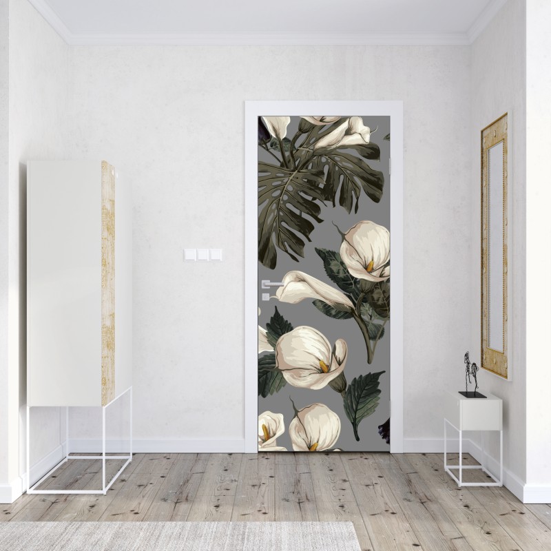 Naklejka na drzwi botaniczny wzór: delikatne kalie i liście monstery na szarym tle – Wallissimo® Naklejka na drzwi botaniczny wzór: delikatne kalie i liście monstery na szarym tle – Wallissimo®