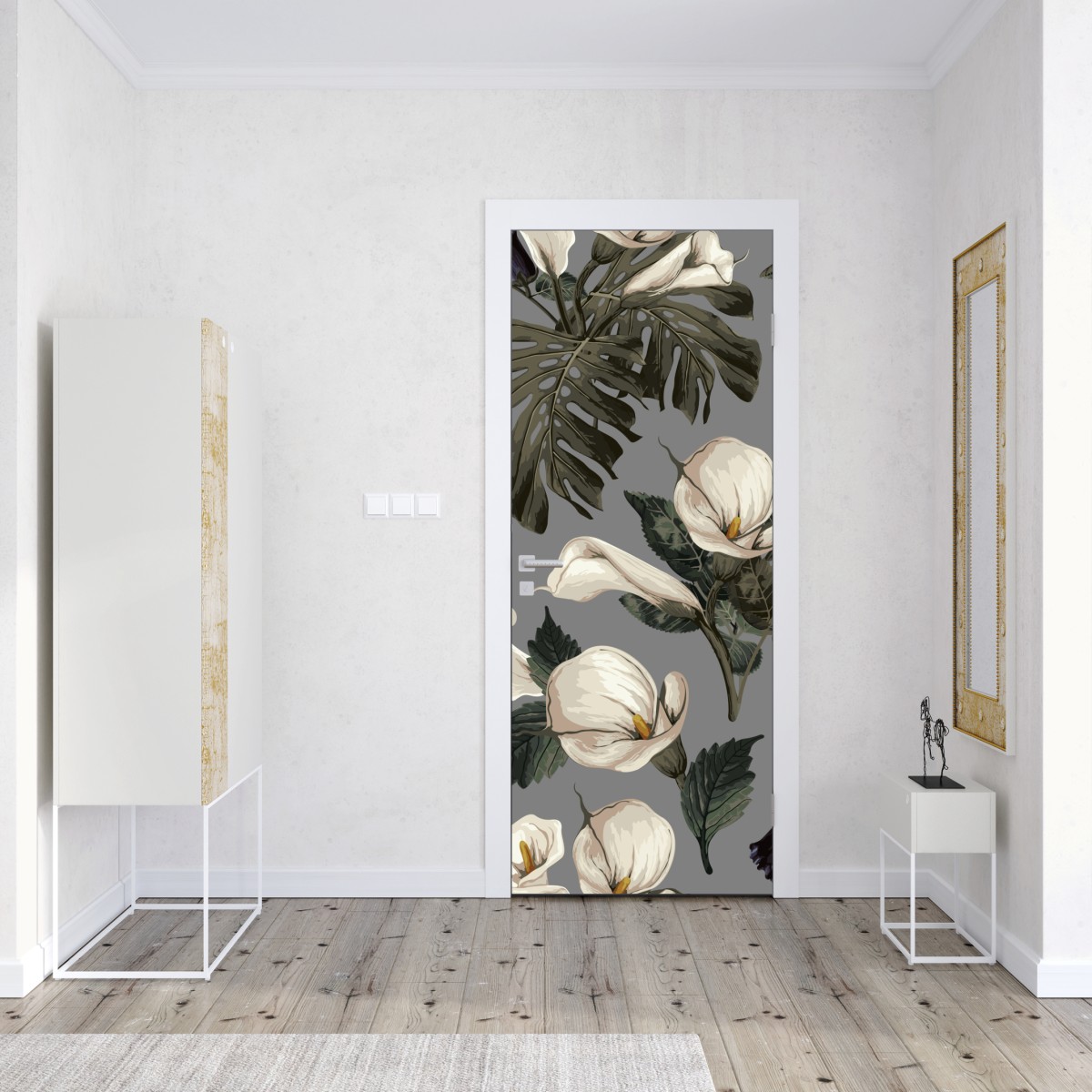 Naklejka na drzwi botaniczny wzór: delikatne kalie i liście monstery na szarym tle – Wallissimo® Naklejka na drzwi botaniczny wzór: delikatne kalie i liście monstery na szarym tle – Wallissimo®