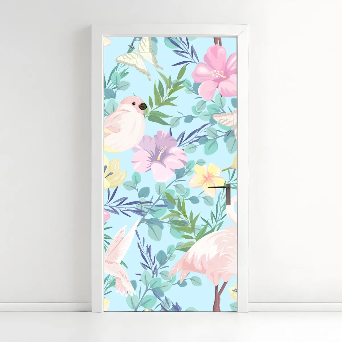 Naklejka na drzwi pastelowy wzór z tropikalnymi ptakami i kwiatami – Wallissimo® Naklejka na drzwi pastelowy wzór z tropikalnymi ptakami i kwiatami – Wallissimo®