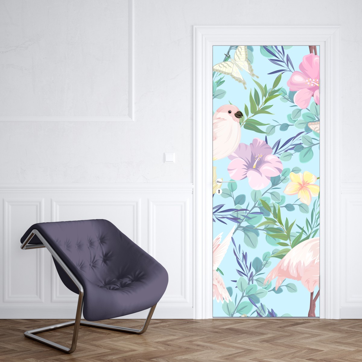 Naklejka na drzwi pastelowy wzór z tropikalnymi ptakami i kwiatami – Wallissimo® Naklejka na drzwi pastelowy wzór z tropikalnymi ptakami i kwiatami – Wallissimo®