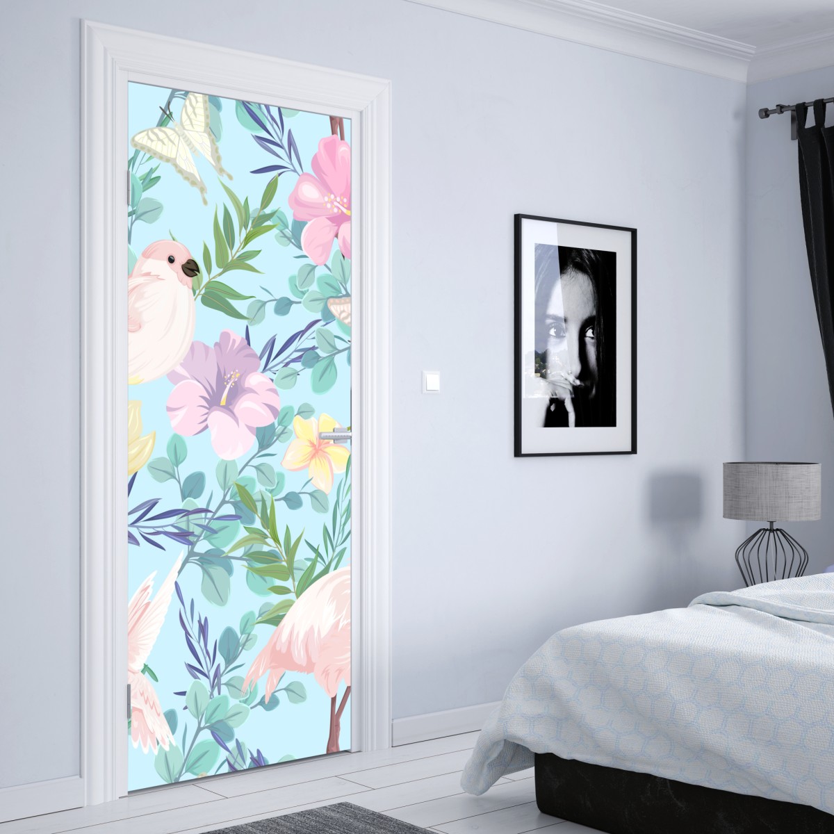 Naklejka na drzwi pastelowy wzór z tropikalnymi ptakami i kwiatami – Wallissimo® Naklejka na drzwi pastelowy wzór z tropikalnymi ptakami i kwiatami – Wallissimo®