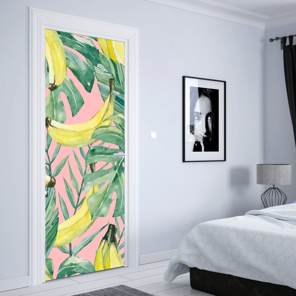 Naklejka na drzwi akwarelowy wzór z bananami i liśćmi na różowym tle – Wallissimo® Naklejka na drzwi akwarelowy wzór z bananami i liśćmi na różowym tle – Wallissimo®