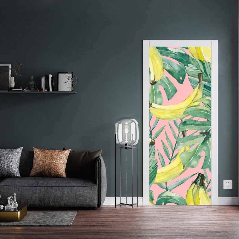Naklejka na drzwi akwarelowy wzór z bananami i liśćmi na różowym tle – Wallissimo® Naklejka na drzwi akwarelowy wzór z bananami i liśćmi na różowym tle – Wallissimo®