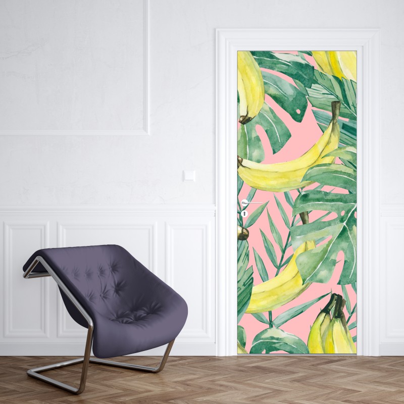 Naklejka na drzwi akwarelowy wzór z bananami i liśćmi na różowym tle – Wallissimo® Naklejka na drzwi akwarelowy wzór z bananami i liśćmi na różowym tle – Wallissimo®