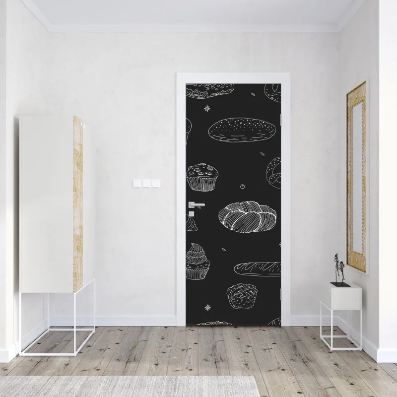 Naklejka na drzwi wzór wypieków na czarnym tle – Wallissimo® Naklejka na drzwi wzór wypieków na czarnym tle – Wallissimo®