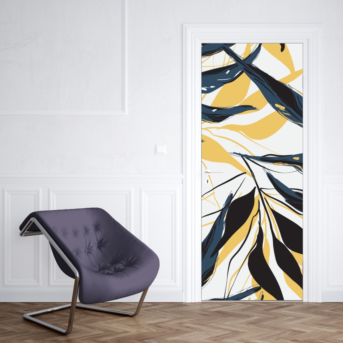 Naklejka na drzwi granatowo-złoty botaniczny wzór liści – Wallissimo® Naklejka na drzwi granatowo-złoty botaniczny wzór liści – Wallissimo®
