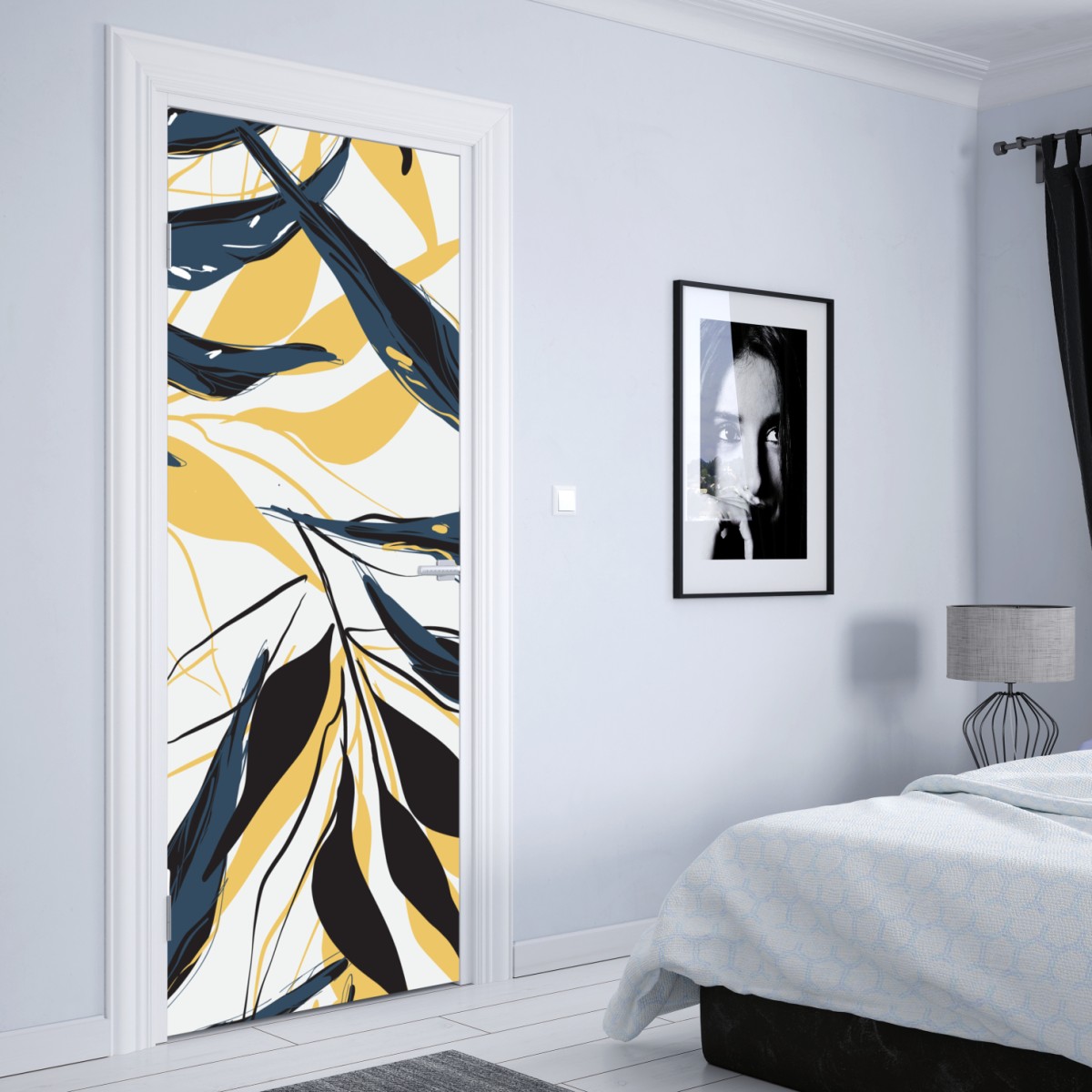 Naklejka na drzwi granatowo-złoty botaniczny wzór liści – Wallissimo® Naklejka na drzwi granatowo-złoty botaniczny wzór liści – Wallissimo®