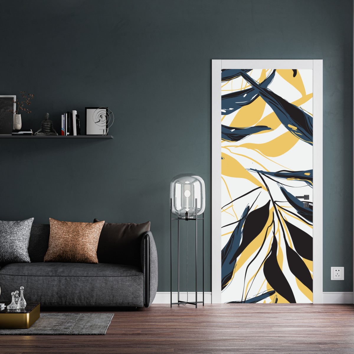 Naklejka na drzwi granatowo-złoty botaniczny wzór liści – Wallissimo® Naklejka na drzwi granatowo-złoty botaniczny wzór liści – Wallissimo®