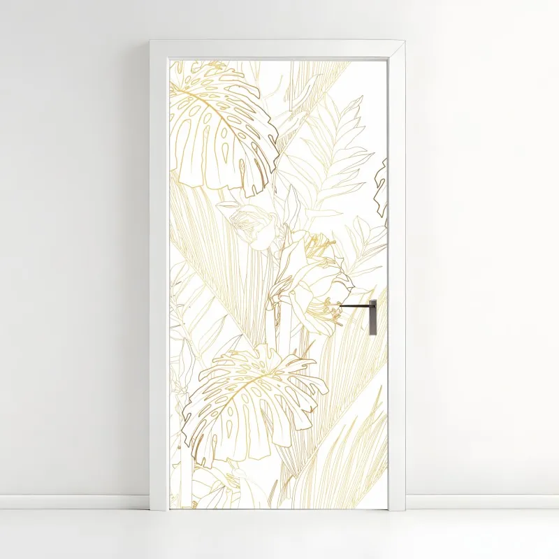 Naklejka na drzwi złote tropikalne liście