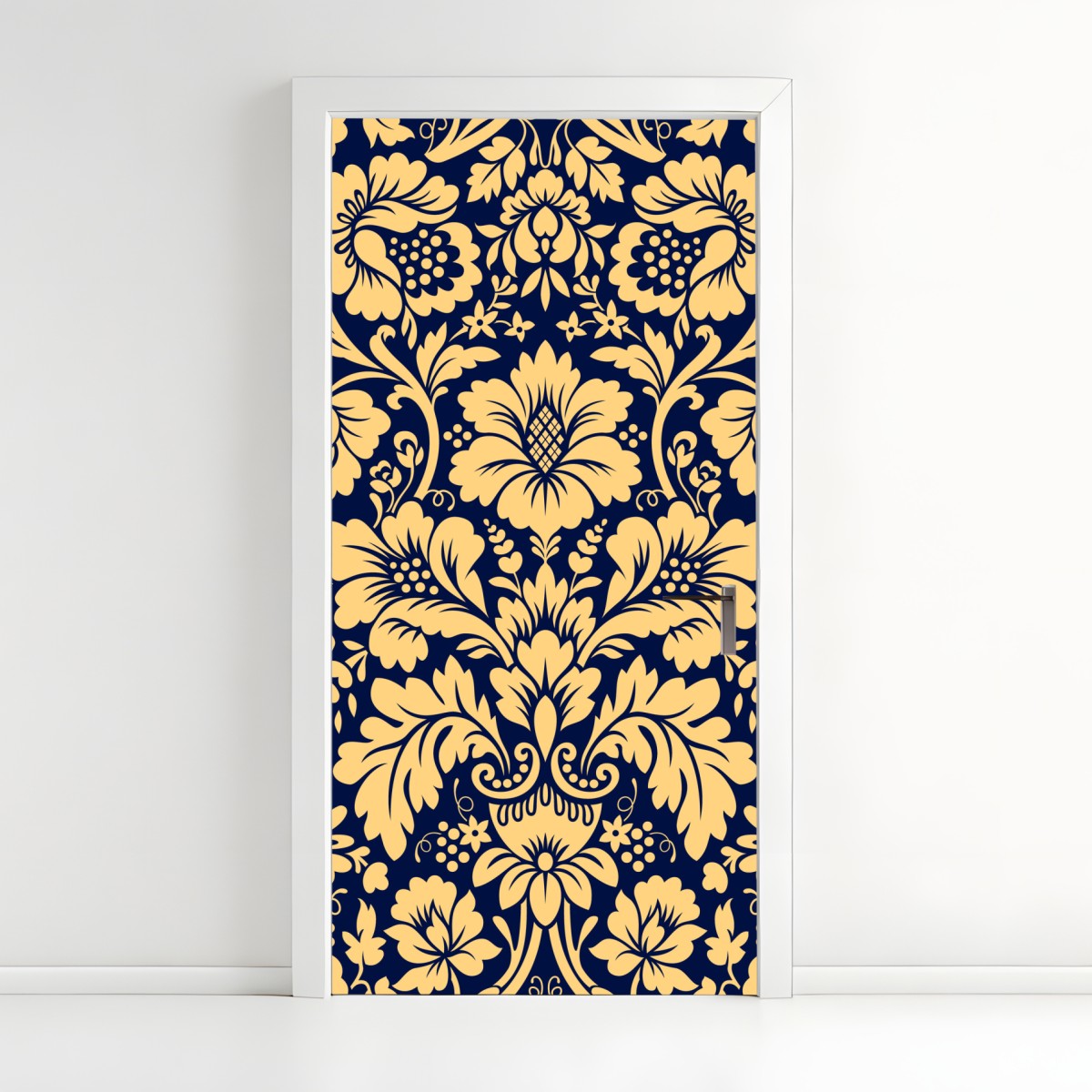 Door sticker navy and beige damask floral pattern