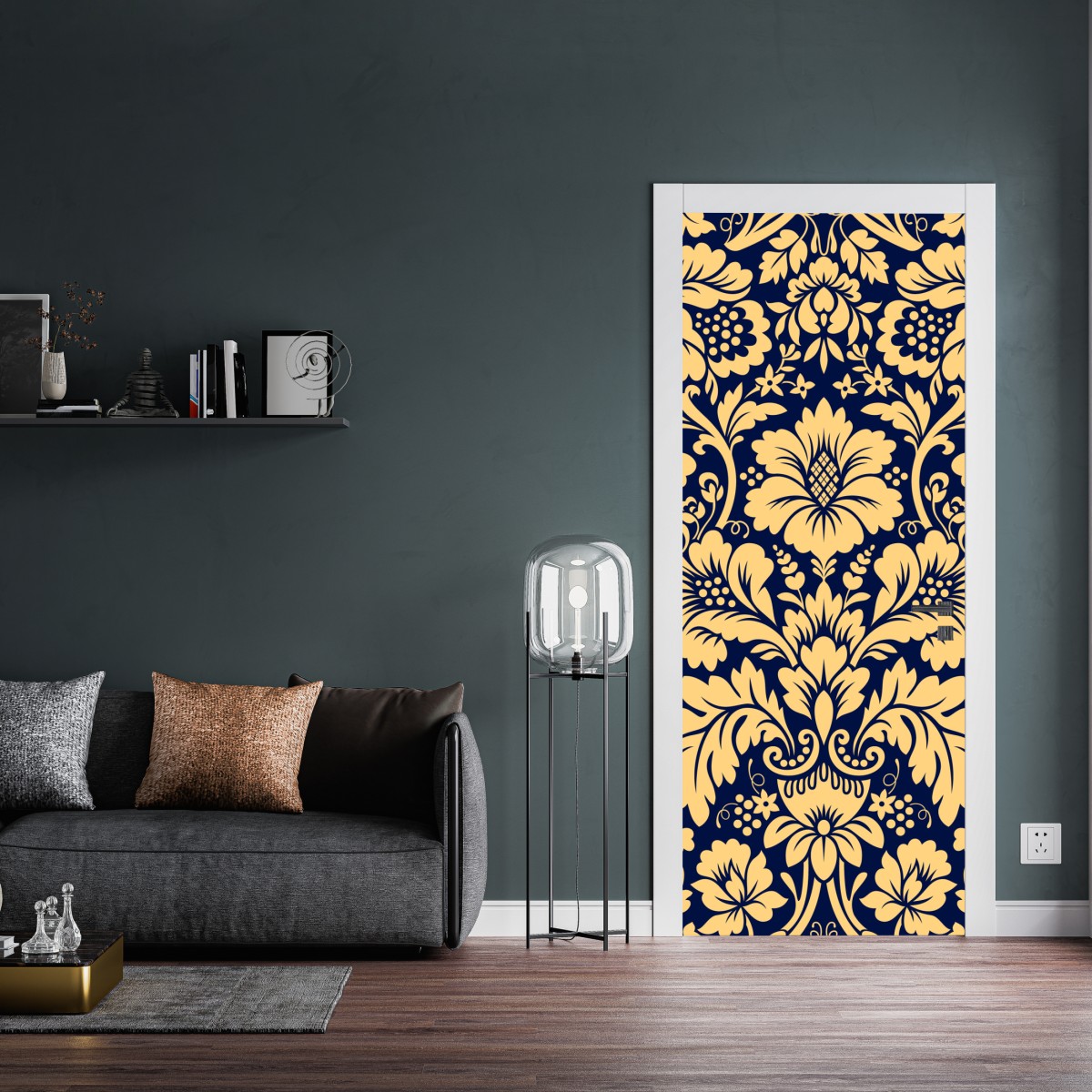 Naklejka na drzwi granatowo-beżowy wzór damasceński – Wallissimo® Naklejka na drzwi granatowo-beżowy wzór damasceński – Wallissimo®