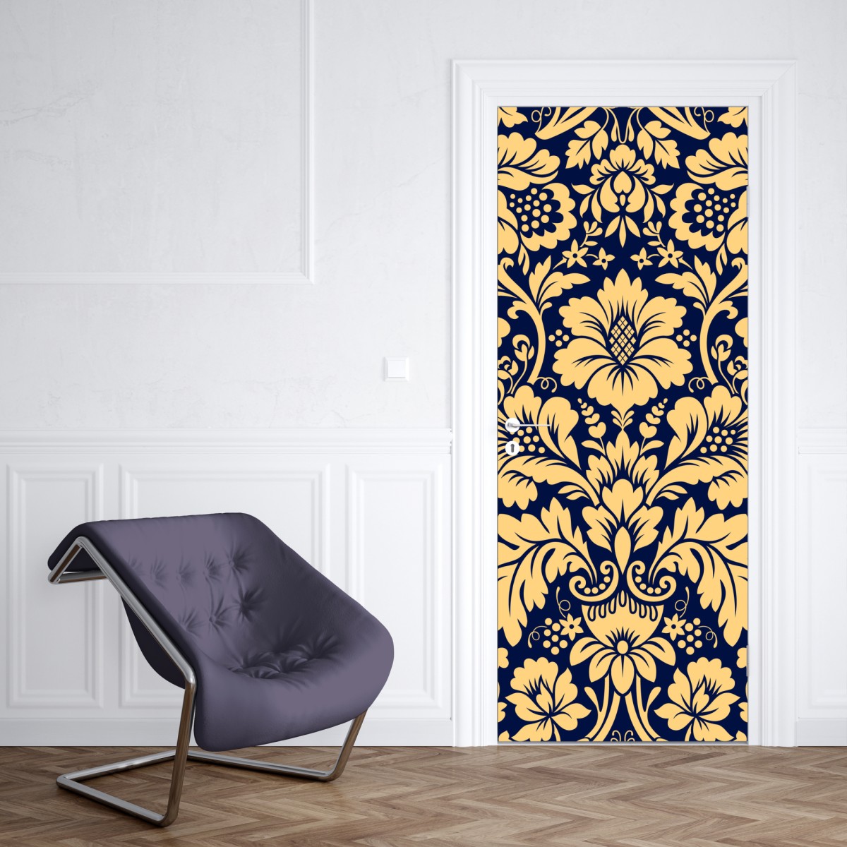 Naklejka na drzwi granatowo-beżowy wzór damasceński – Wallissimo® Naklejka na drzwi granatowo-beżowy wzór damasceński – Wallissimo®