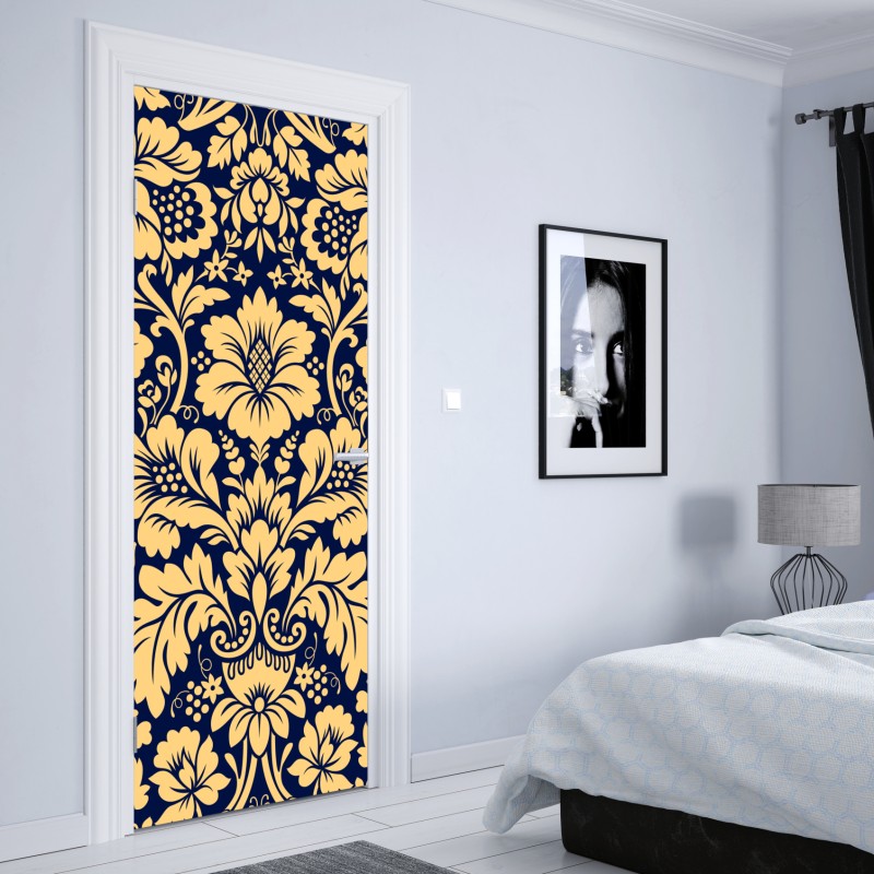 Naklejka na drzwi granatowo-beżowy wzór damasceński – Wallissimo® Naklejka na drzwi granatowo-beżowy wzór damasceński – Wallissimo®