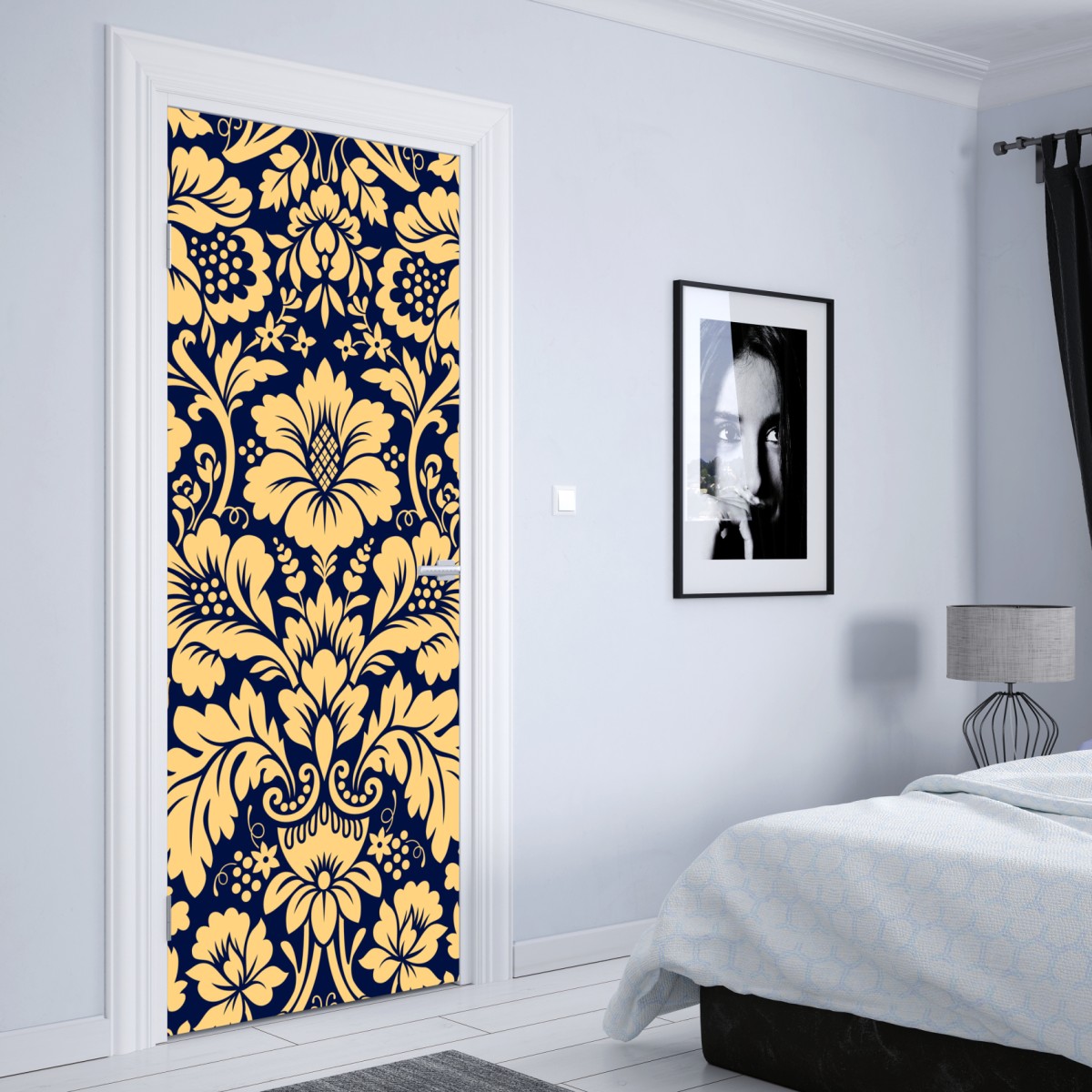 Naklejka na drzwi granatowo-beżowy wzór damasceński – Wallissimo® Naklejka na drzwi granatowo-beżowy wzór damasceński – Wallissimo®