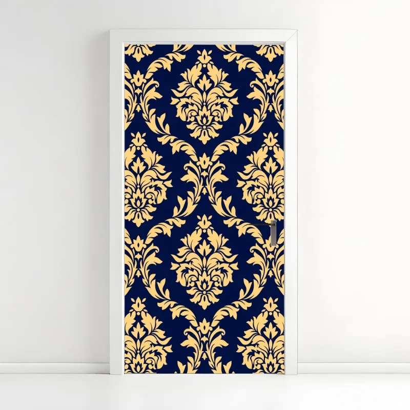Naklejka na drzwi wzór damaskowy w odcieniach złota i granatu
