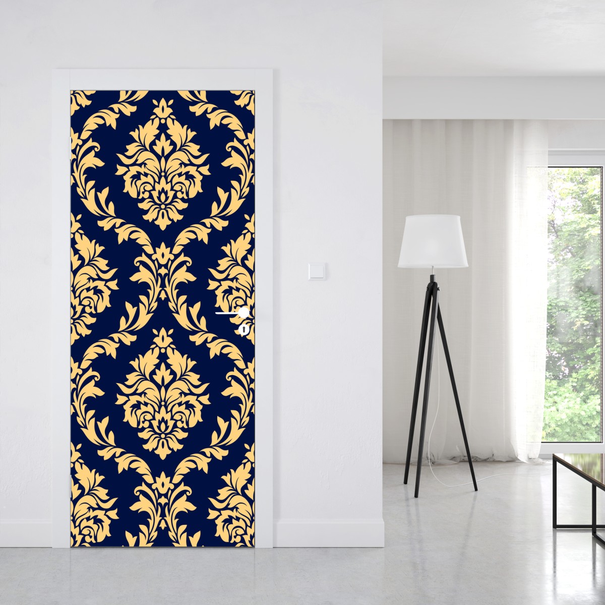 Naklejka na drzwi wzór damaskowy w odcieniach złota i granatu – Wallissimo® Naklejka na drzwi wzór damaskowy w odcieniach złota i granatu – Wallissimo®