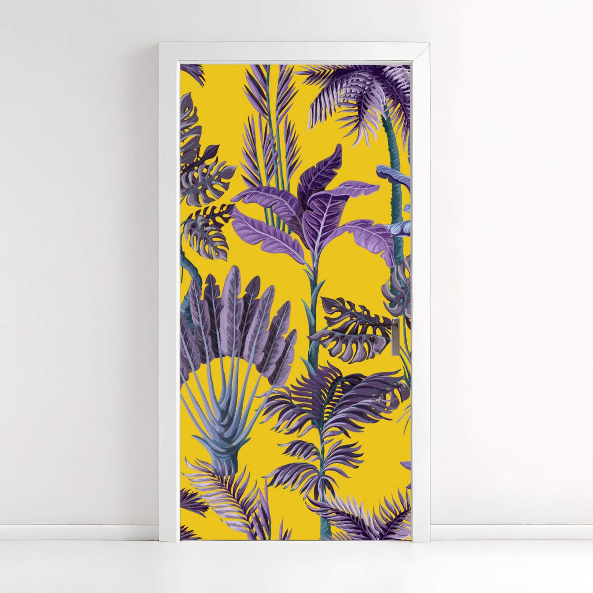 Door sticker tropical purple foliage on yellow background