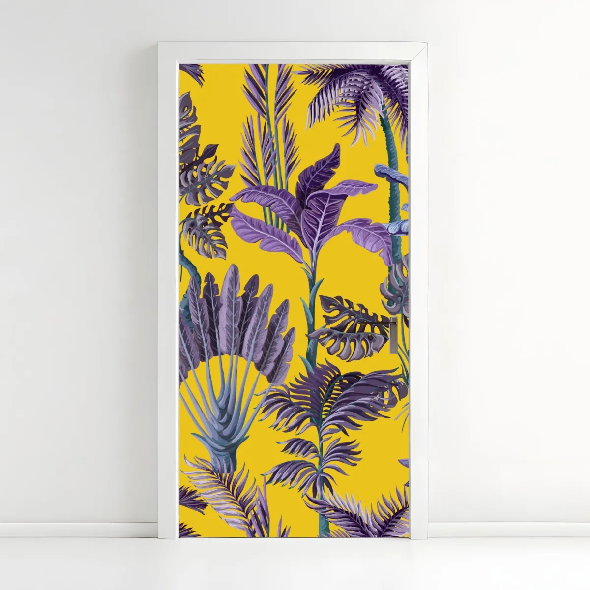 Naklejka na drzwi tropikalne fioletowe liście na żółtym tle – Wallissimo® Naklejka na drzwi tropikalne fioletowe liście na żółtym tle – Wallissimo®