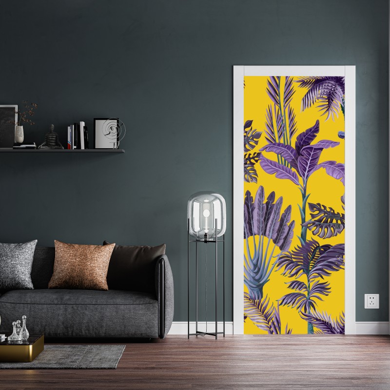 Naklejka na drzwi tropikalne fioletowe liście na żółtym tle – Wallissimo® Naklejka na drzwi tropikalne fioletowe liście na żółtym tle – Wallissimo®