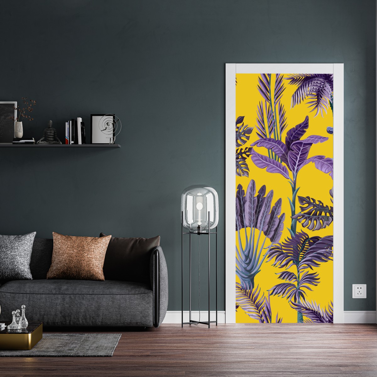 Naklejka na drzwi tropikalne fioletowe liście na żółtym tle – Wallissimo® Naklejka na drzwi tropikalne fioletowe liście na żółtym tle – Wallissimo®
