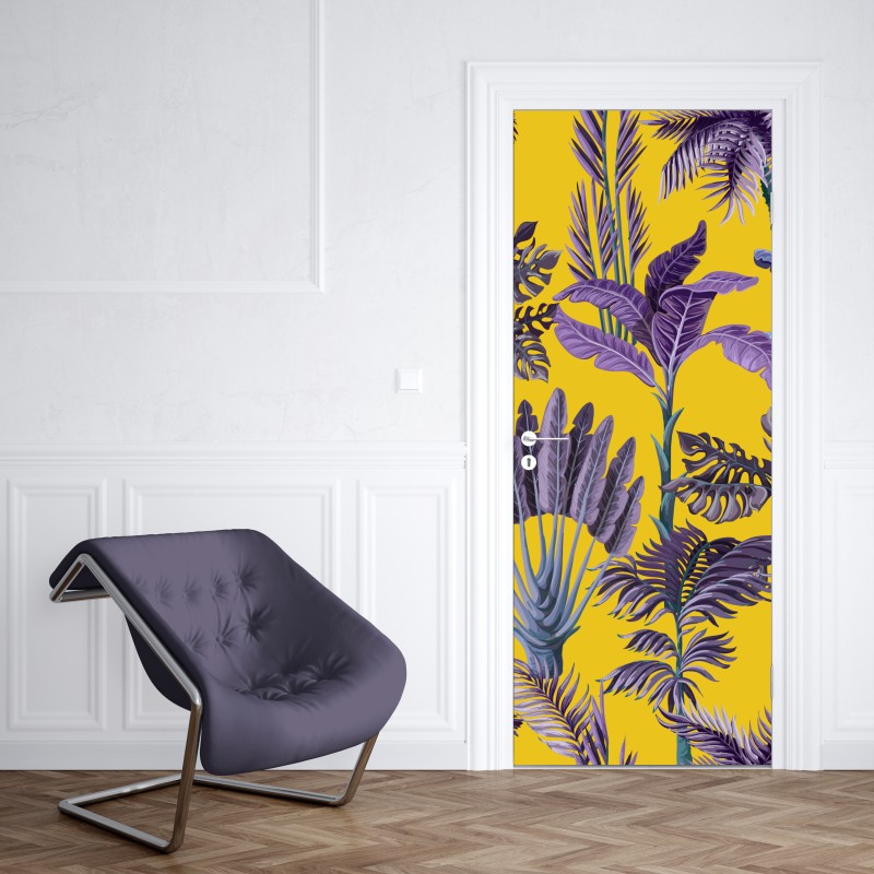 Naklejka na drzwi tropikalne fioletowe liście na żółtym tle – Wallissimo® Naklejka na drzwi tropikalne fioletowe liście na żółtym tle – Wallissimo®