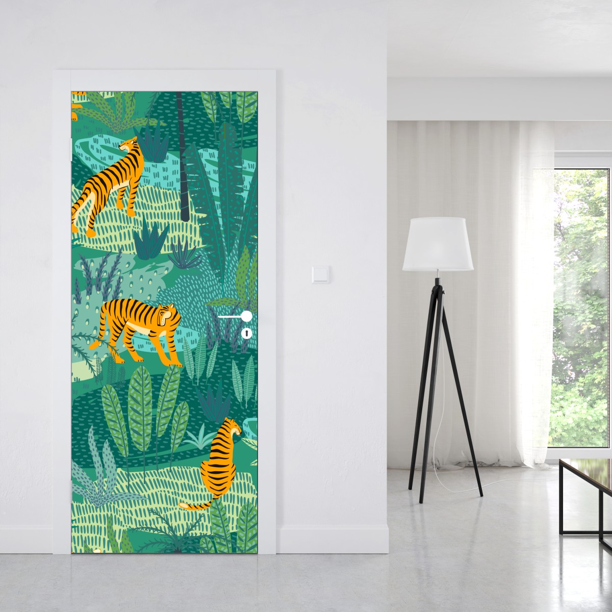 Naklejka na drzwi tropikalna dżungla z tygrysami – Wallissimo® Naklejka na drzwi tropikalna dżungla z tygrysami – Wallissimo®