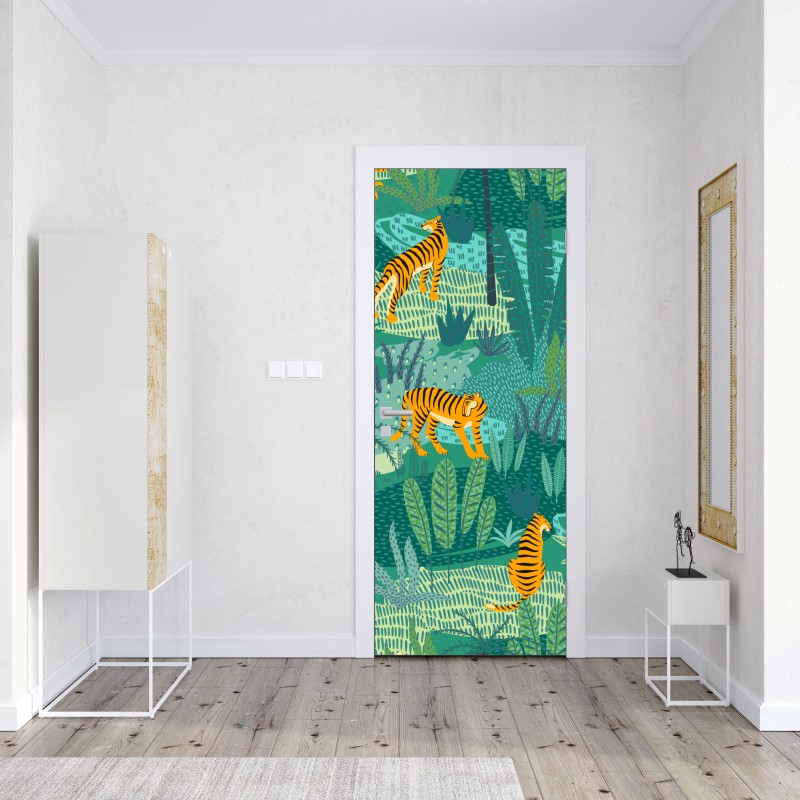 Naklejka na drzwi tropikalna dżungla z tygrysami – Wallissimo® Naklejka na drzwi tropikalna dżungla z tygrysami – Wallissimo®