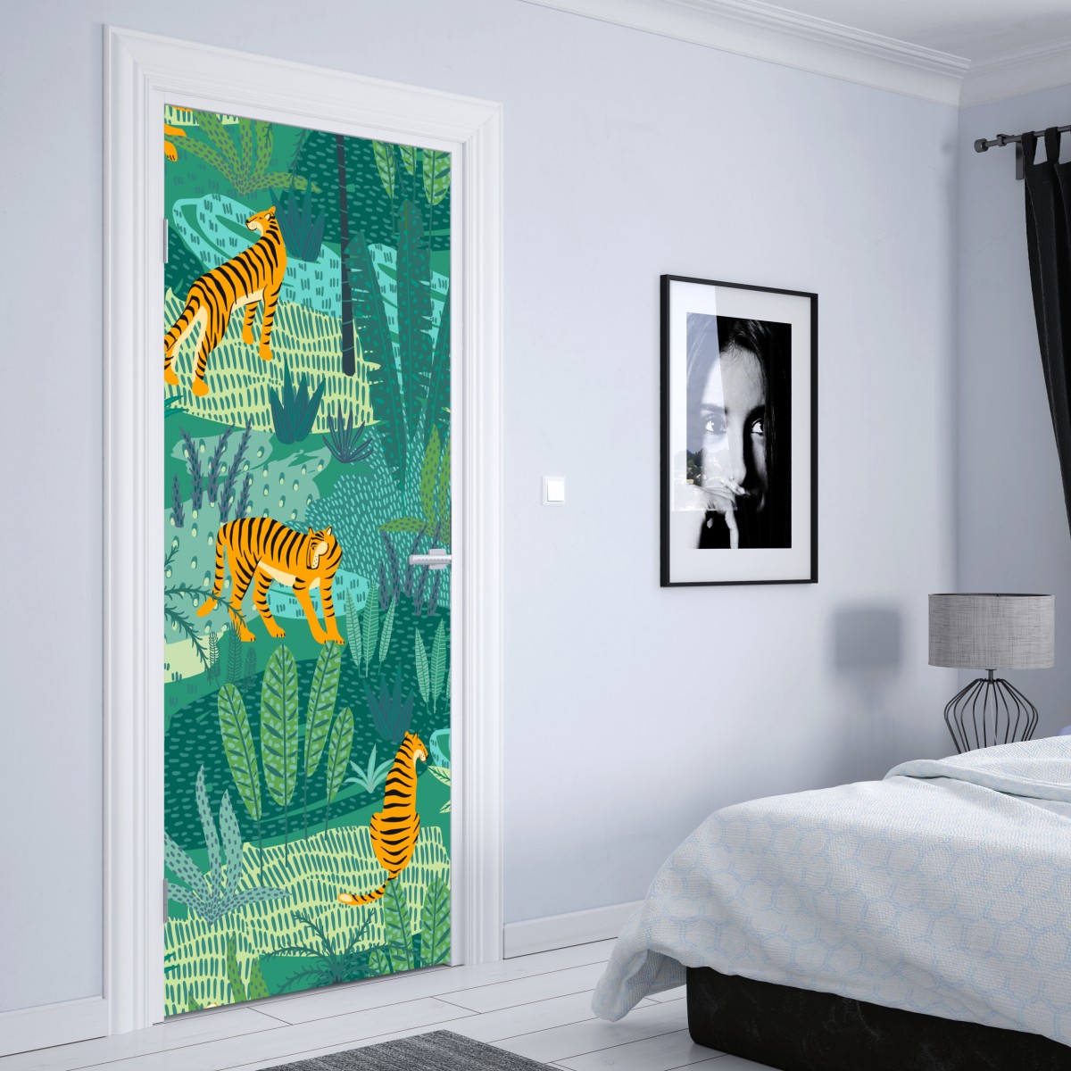 Naklejka na drzwi tropikalna dżungla z tygrysami – Wallissimo® Naklejka na drzwi tropikalna dżungla z tygrysami – Wallissimo®