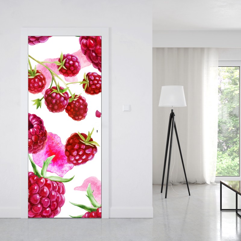 Naklejka na drzwi akwarelowy wzór z malinami – Wallissimo® Naklejka na drzwi akwarelowy wzór z malinami – Wallissimo®