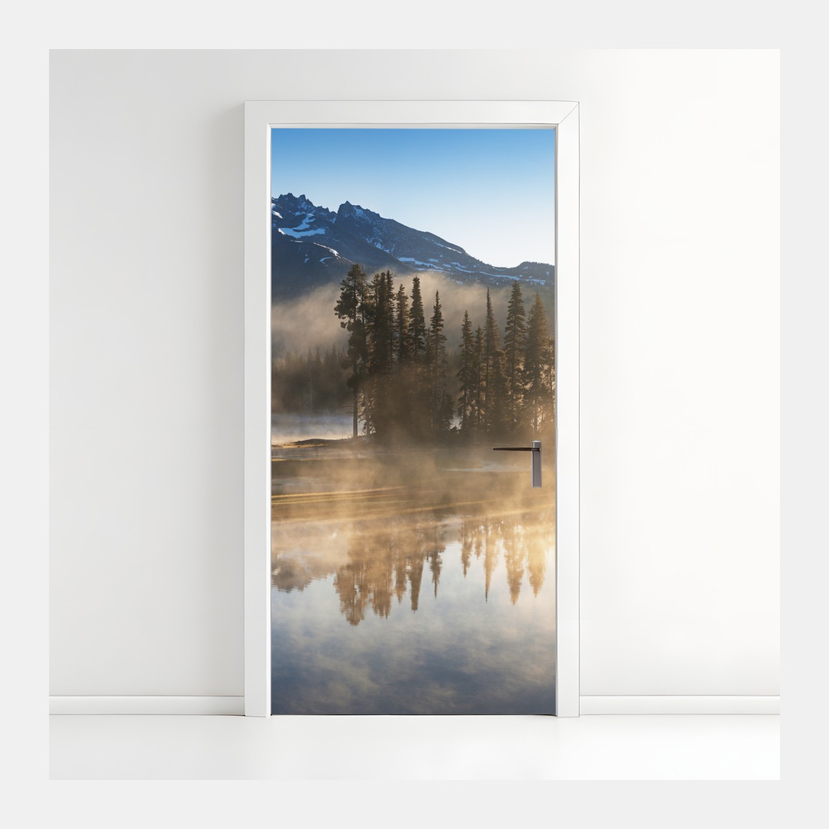 Door sticker misty mountain reflection at sunrise