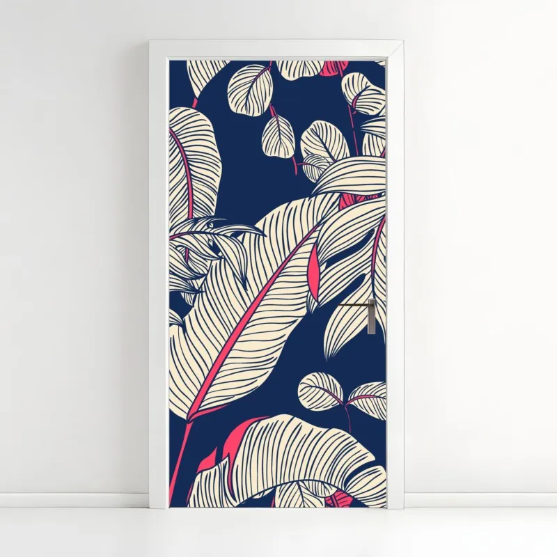 Naklejka na drzwi granatowy tropikalny wzór z liśćmi