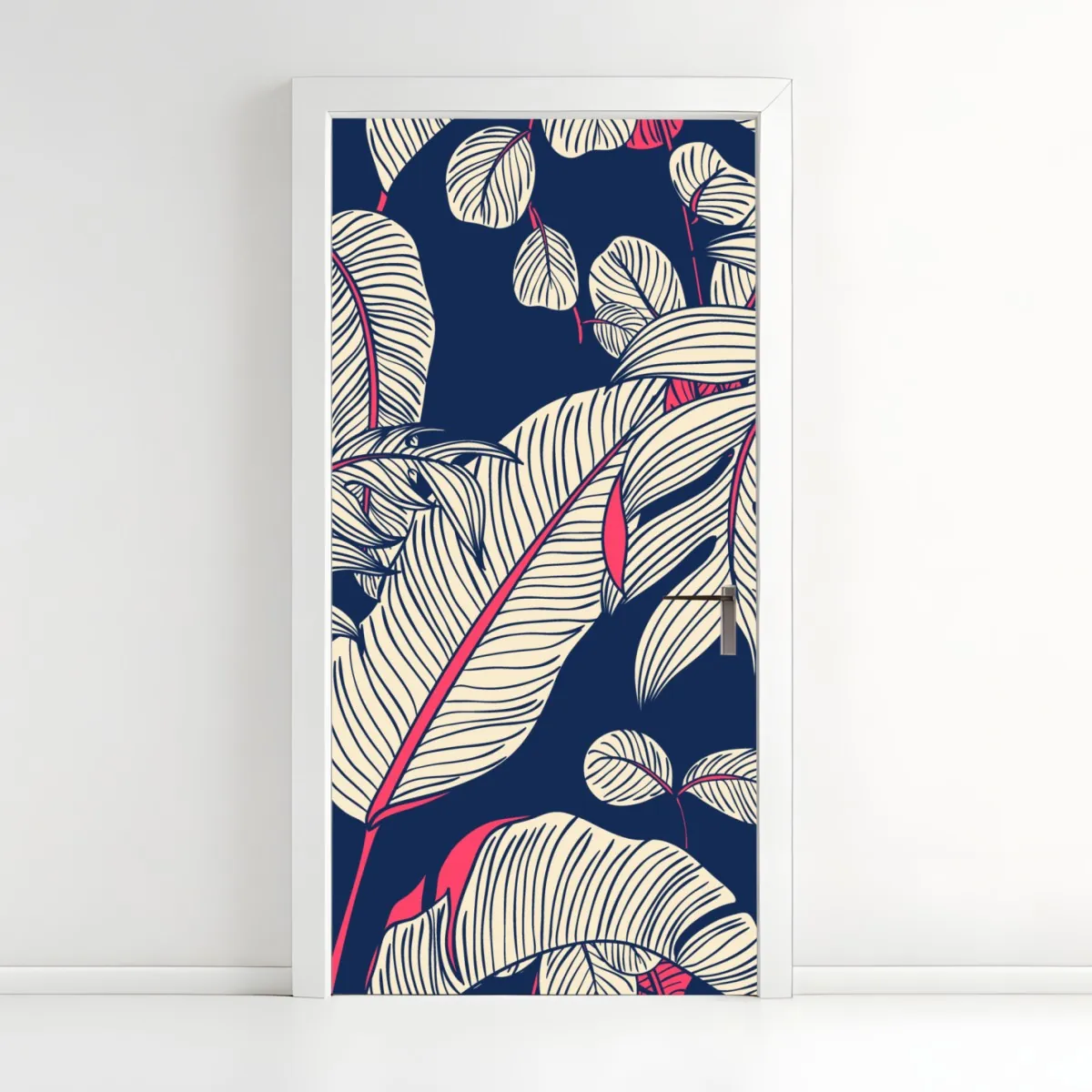 Naklejka na drzwi granatowy tropikalny wzór z liśćmi – Wallissimo® Naklejka na drzwi granatowy tropikalny wzór z liśćmi – Wallissimo®