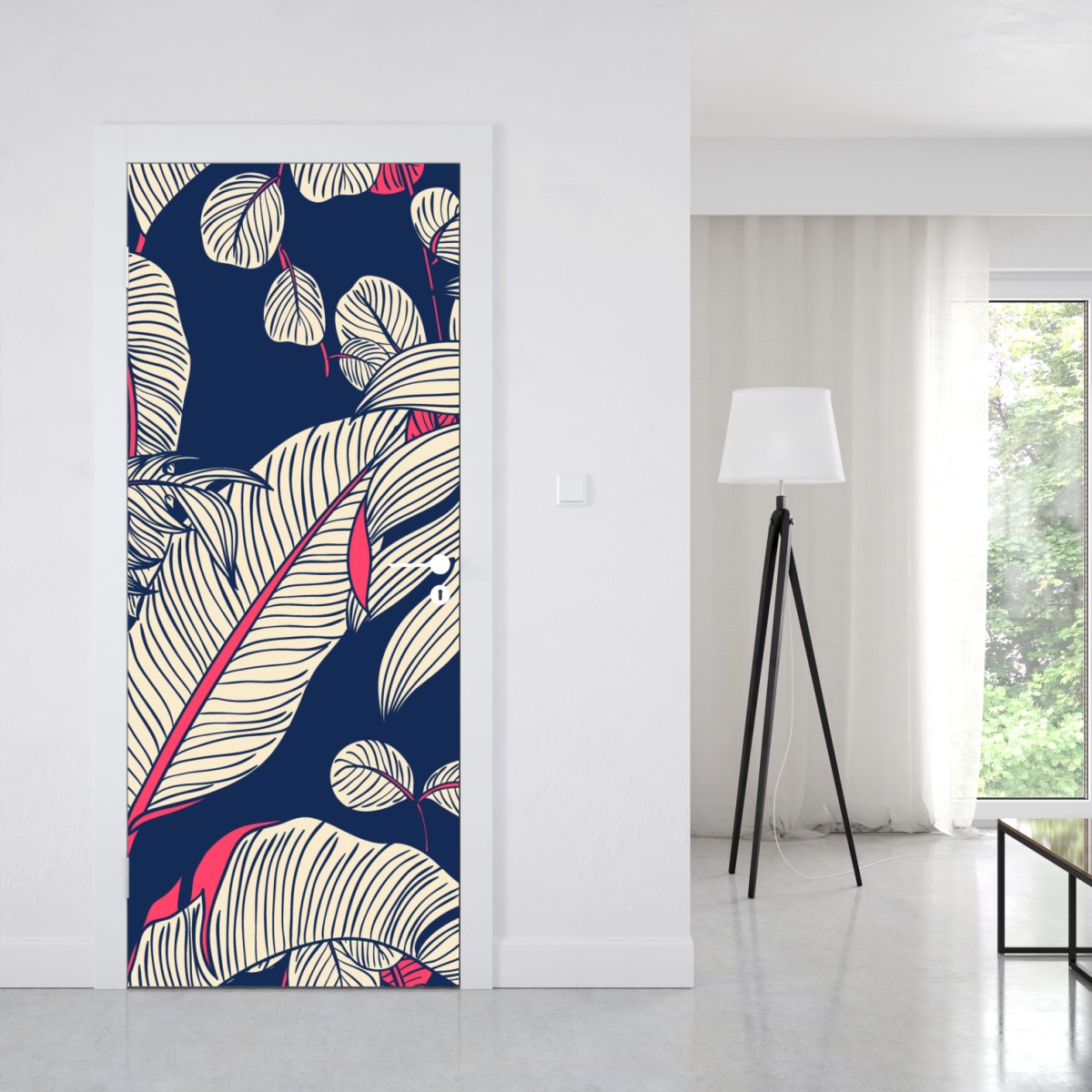 Naklejka na drzwi granatowy tropikalny wzór z liśćmi – Wallissimo® Naklejka na drzwi granatowy tropikalny wzór z liśćmi – Wallissimo®
