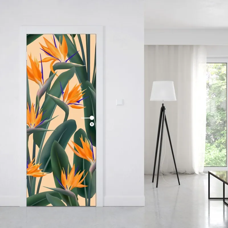 Naklejka na drzwi tropikalny wzór strelicji – Wallissimo® Naklejka na drzwi tropikalny wzór strelicji – Wallissimo®