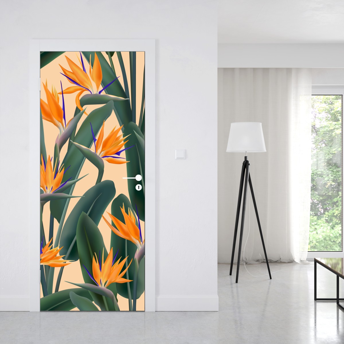 Naklejka na drzwi tropikalny wzór strelicji – Wallissimo® Naklejka na drzwi tropikalny wzór strelicji – Wallissimo®