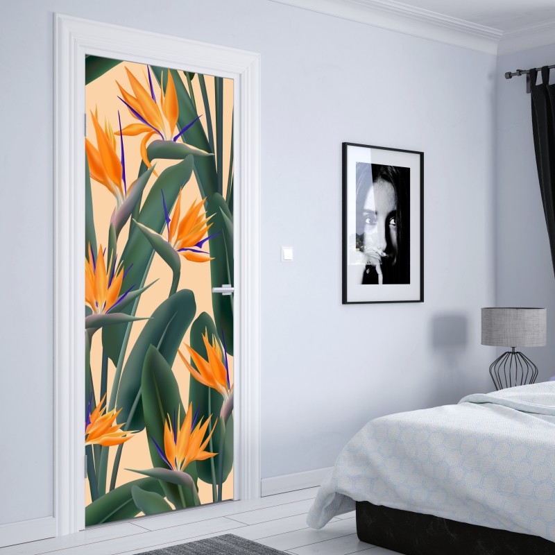 Naklejka na drzwi tropikalny wzór strelicji – Wallissimo® Naklejka na drzwi tropikalny wzór strelicji – Wallissimo®