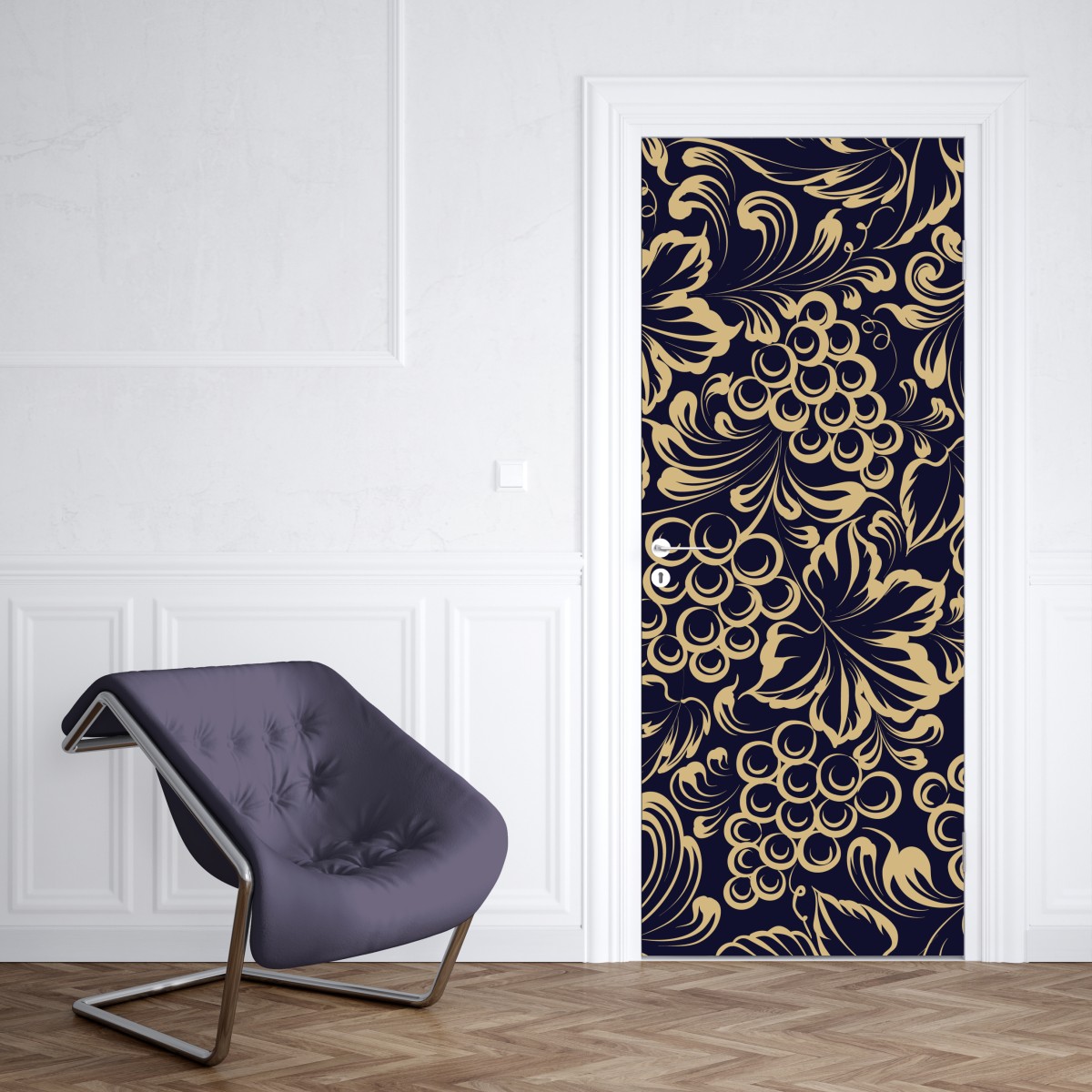 Naklejka na drzwi elegancki barokowy wzór z winogronami w złocie – Wallissimo® Naklejka na drzwi elegancki barokowy wzór z winogronami w złocie – Wallissimo®